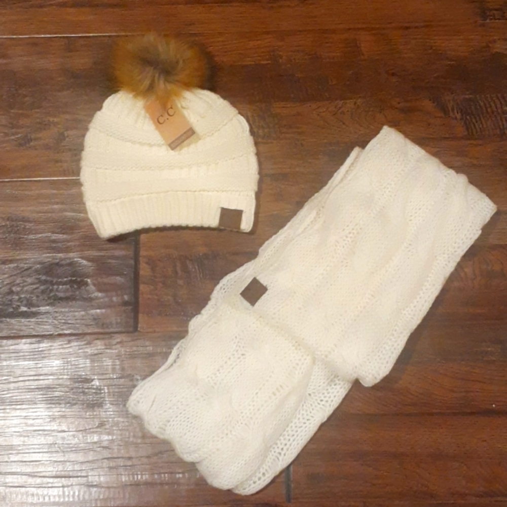C. C Ivory Knit Hat and Infinity Scarf